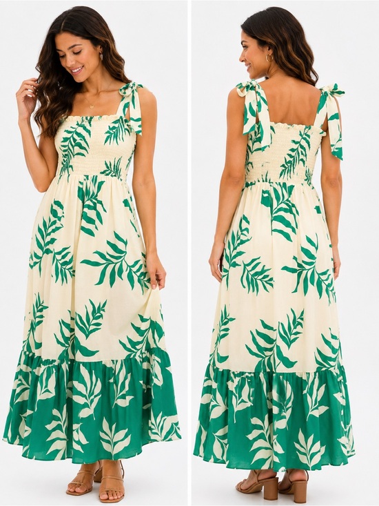 Flying Tomato Dresses & Skirts - Flying Tomato Cream Maxi Dress with Green Leaf Print